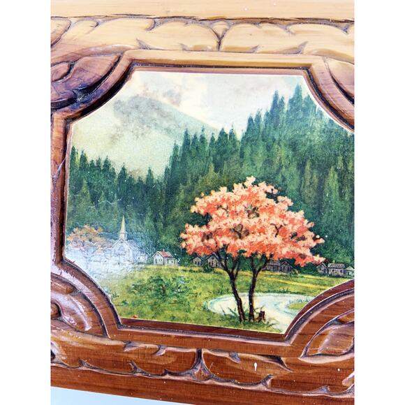 Vintage 50s 60s Wooden Jewelry Box Carved with Mirror Inside - Picture 6 of 10